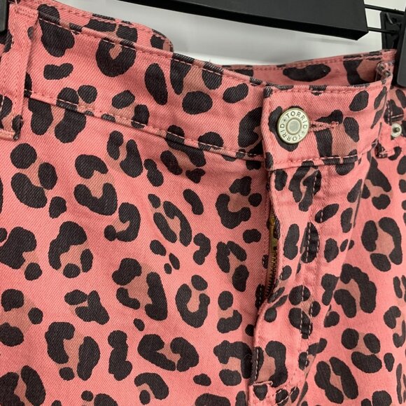 Torrid Shorts High Rise Midi Denim Pink Leopard Fray Stretch - Picture 9 of 15